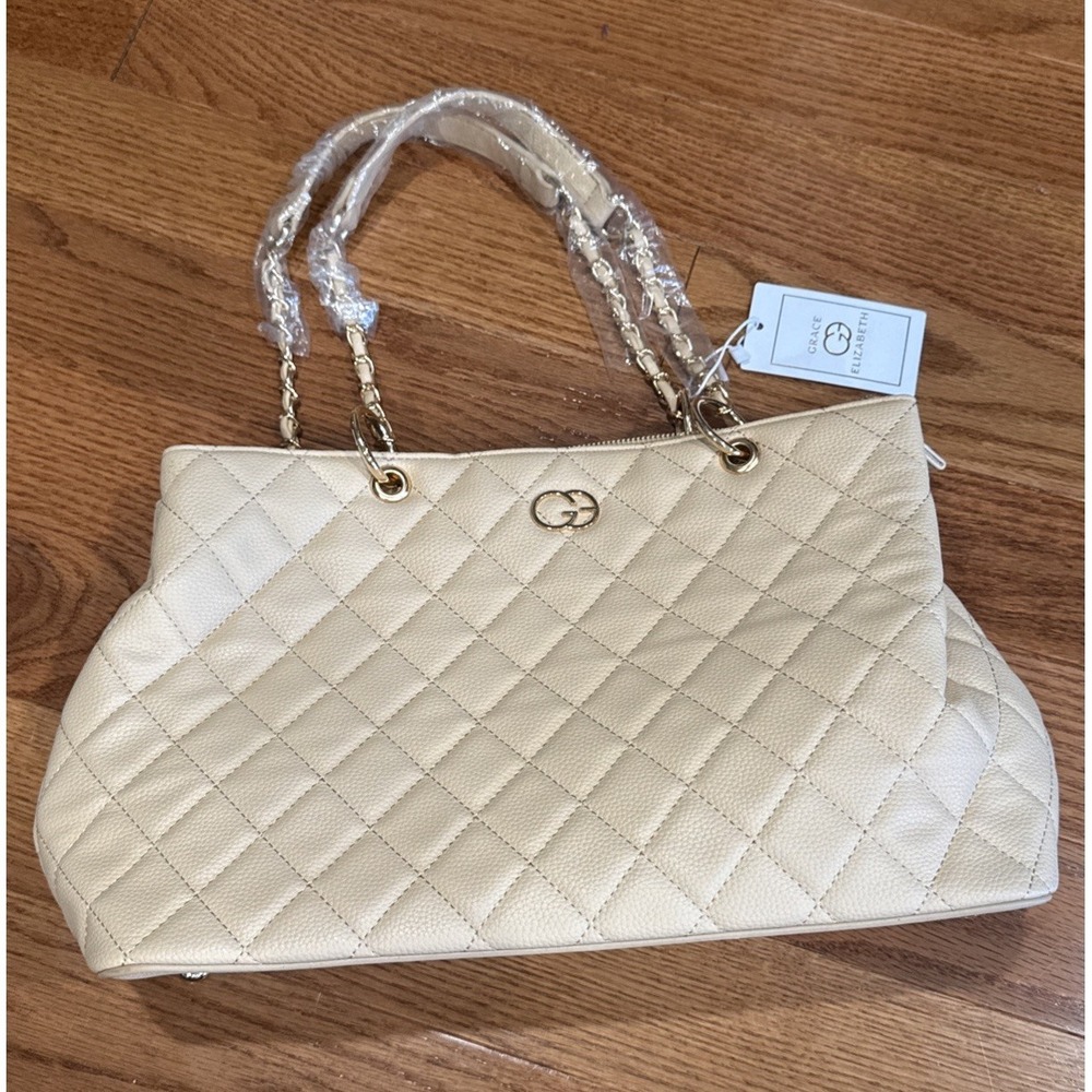Grace Elizabeth Beige Quilted Pebble Tote Bag Gold Hardware NEW Quiet Luxury
